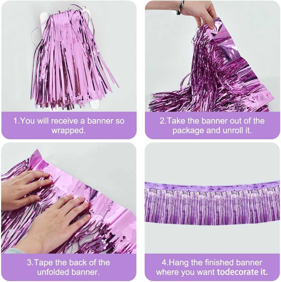 BEISHIDA 3 Packs Metallic Foil Fringe Garland Light Purple Wall Hanging Tinsel Fringe Banners for Car Floats Bridal Shower Wedding Birthday Easter Graduation Holiday Party Decoration(30 Feet)