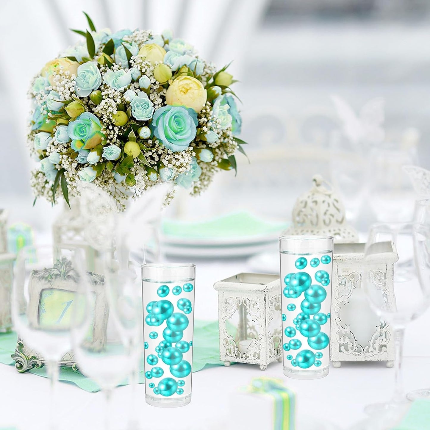 100PCS Teal Faux Pearls Beads for Centerpiece Vases, Vase Filler Faux Pearls, No Holes Filler Beads for Party Anniversary Birthday Wedding Table Decor, 14/20/30mm