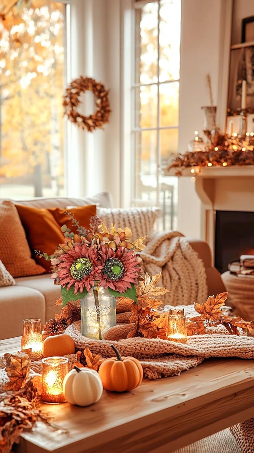 Silk Sunflowers Artificial Flowers with Mason Jar Centerpiece for Table Orange Red Fall Flowers in Vase Fall Floral Arrangement with Vase Thanksgiving Centerpiece for Dining Room Table Autumn Decor