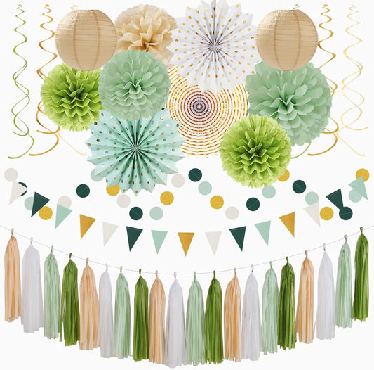 Sage-Olive Green Gold Brown Boho Party-Decorations - 33pcs Paper Lanterns Fan, Banner,Streamers Tassel Garland,Tissue Pom Poms,Baby Bridal Shower Birthday Wedding Bachelorette Engagement Decor Hugtmr