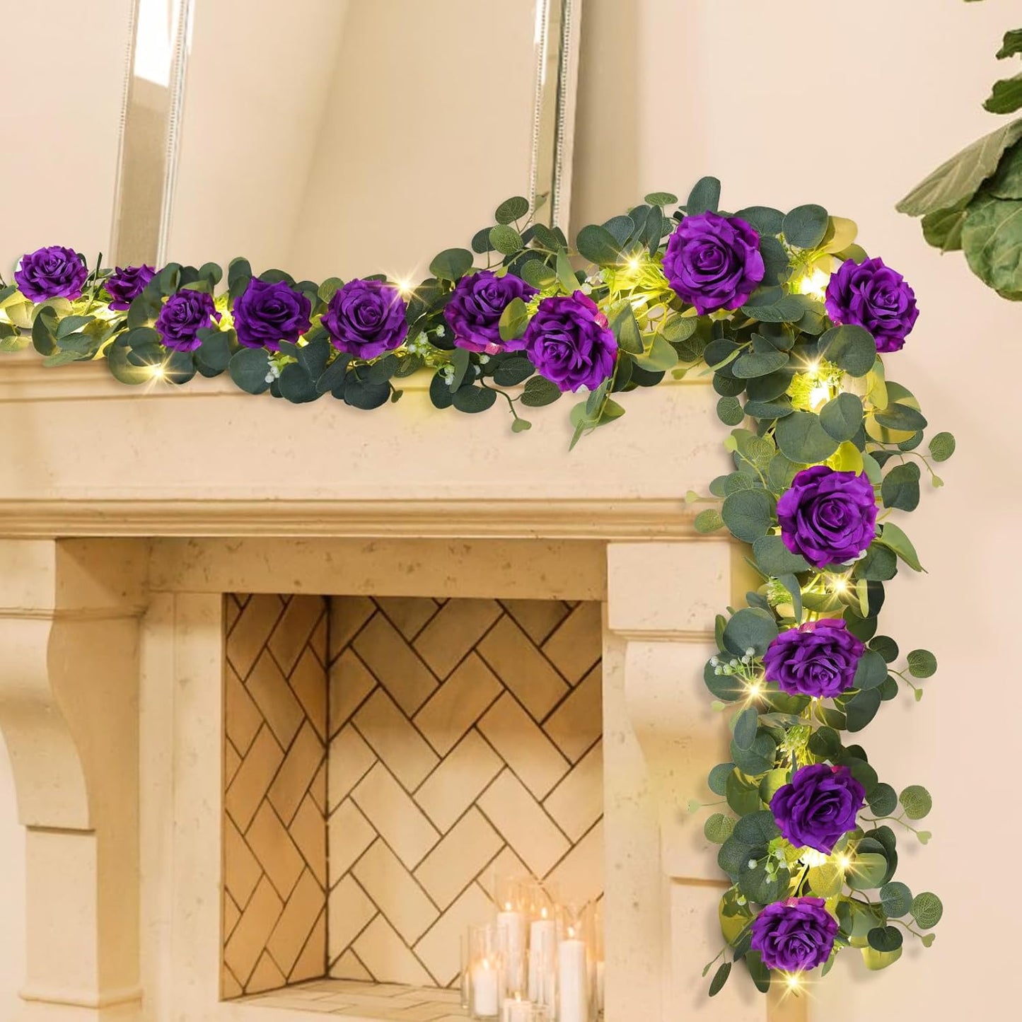 MACTING 6.6FT Flower Garland with Lights - Spring Gypsophila Eucalyptus Garland with 12 Purple Roses Artificial Floral Greenery Vine for Arch Table Centerpieces Backdrop Party Home Wedding Decor