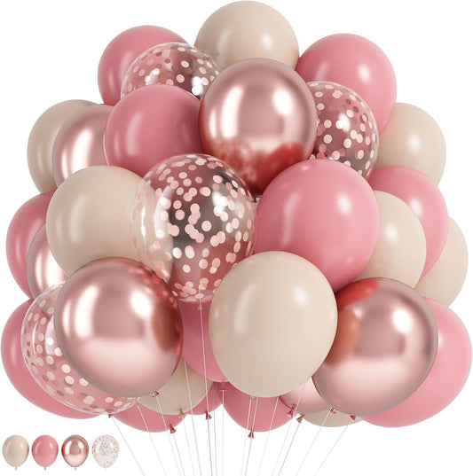 Dusty Blush Pink Balloons, Retro Pink Metallic Chrome Rose Gold Confetti White Sand Nude Balloon Dusty Rose Apricot Beige Party Balloons for Birthday Boho Mothers Day Baby Shower Decorations
