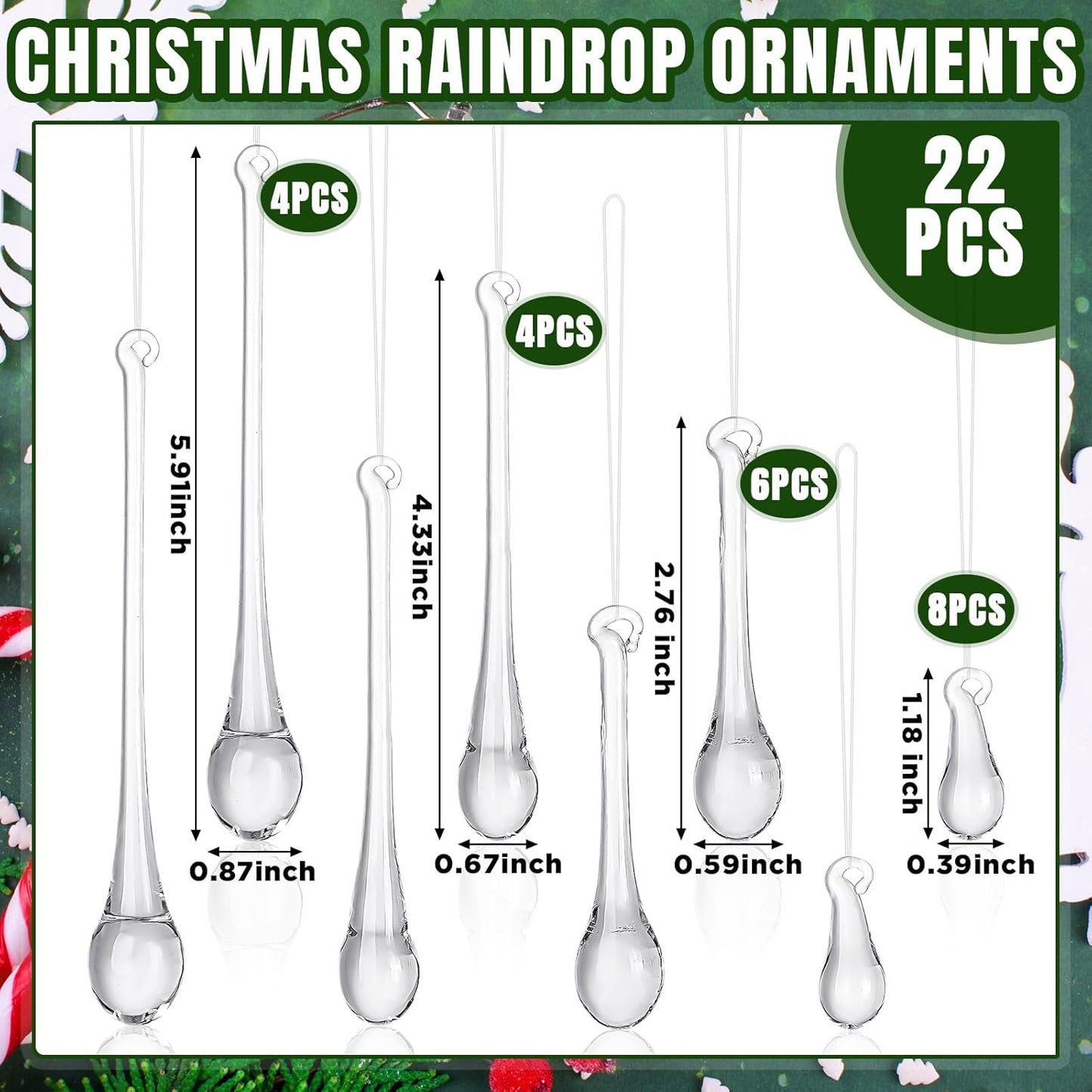 22 Pcs Clear Glass Teardrop Christmas Ornaments Crystal Raindrop Hanging Ornaments Crystal Chandelier Drop Pendant Icicles Decorations for Christmas Tree Winter Party Supplies (4 Medium Size)