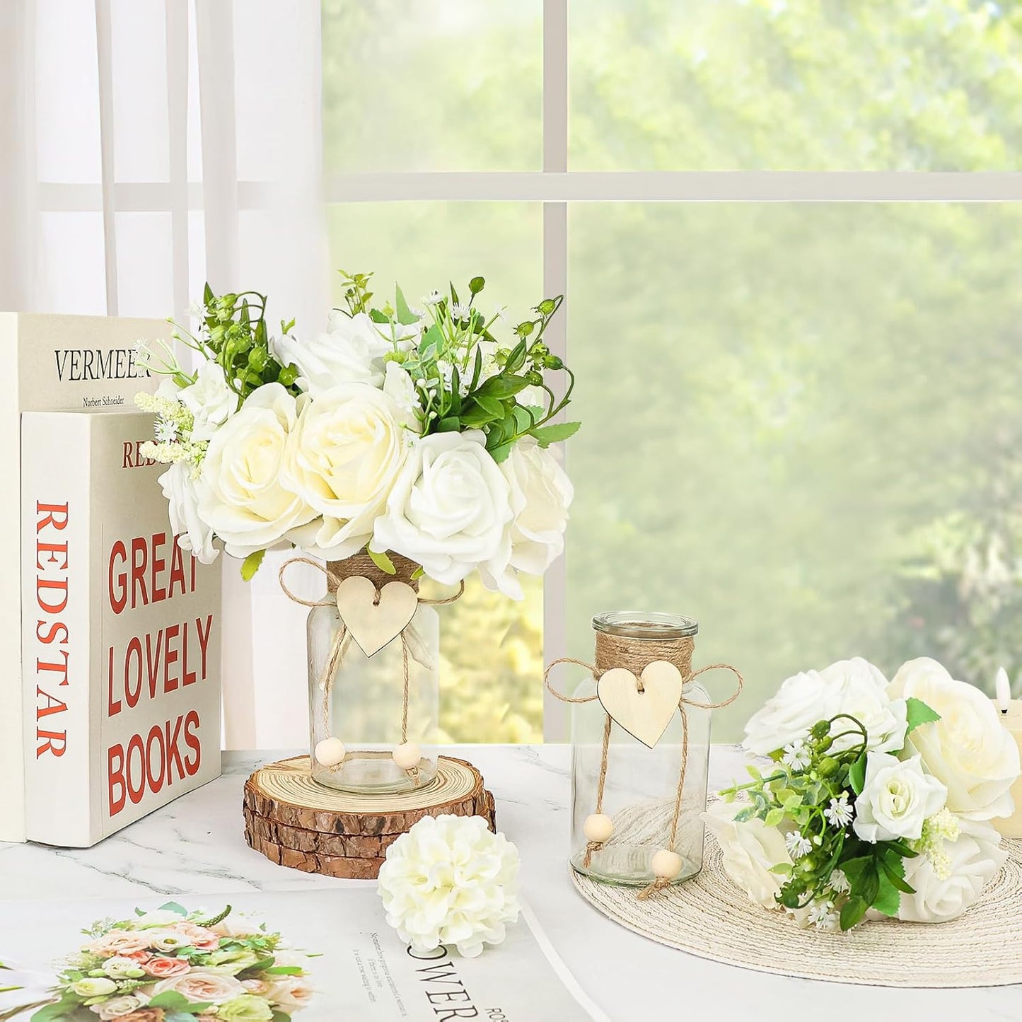 Vintage Glass Vases for Flowers, Set of 6 Mason Jar Vase Table Centerpieces for Farmhouse Room Decor, Wedding, Bridal Shower Bud Vase Set (Small)