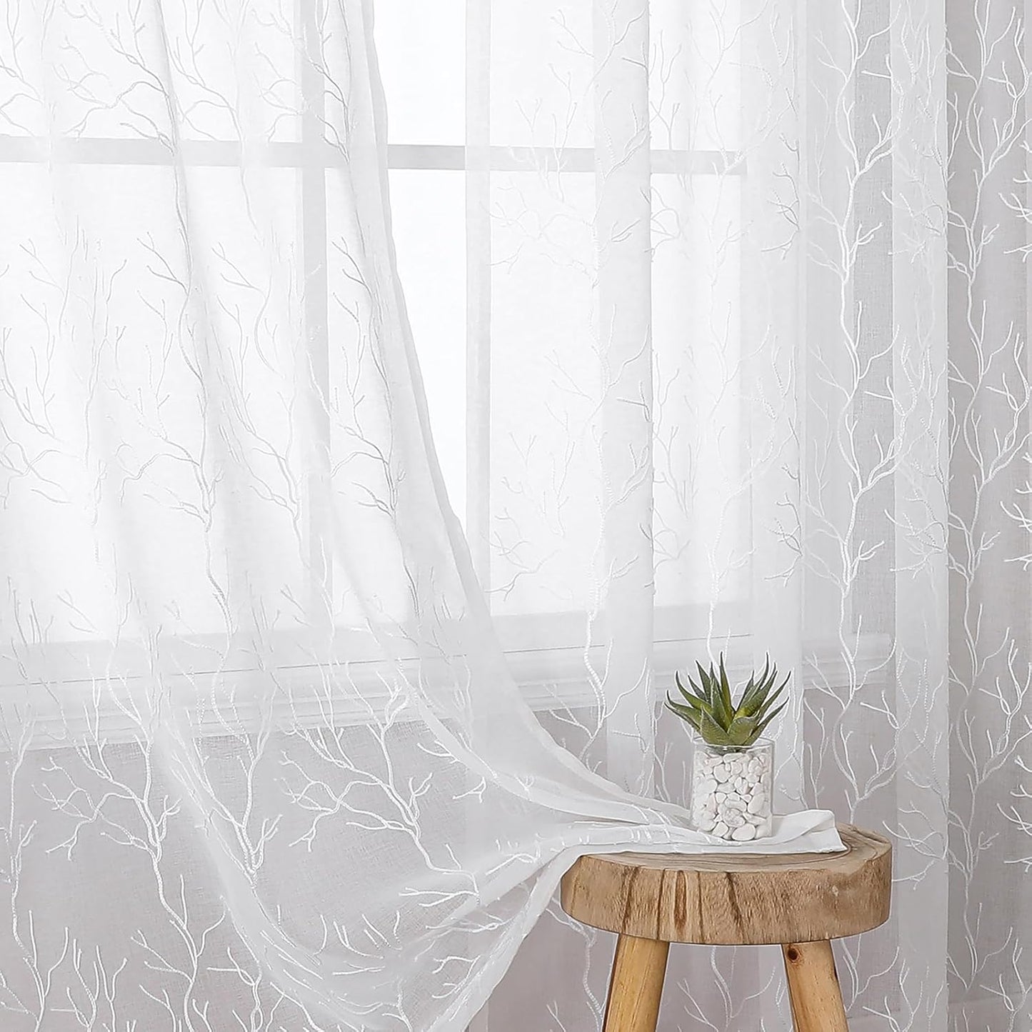VISIONTEX Sheer Curtains 84 inch Length 2 Panels Set, Decorative White Coral Embroidery, Rod Pocket Embroidered Window Drapes for Living Room and Bedroom, 54" x 84"