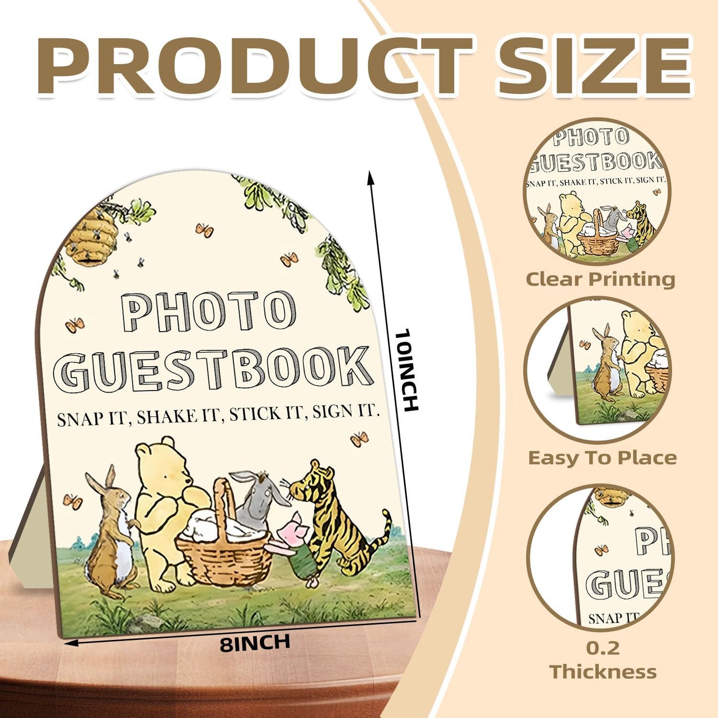 Winnie Wedding Photo Guestbook Desk Decor, The Pooh Photo Guestbook Wooden Sign, Baby Shower Party Decor, Wedding Party Supplies for Reception with Stand 8 * 10In