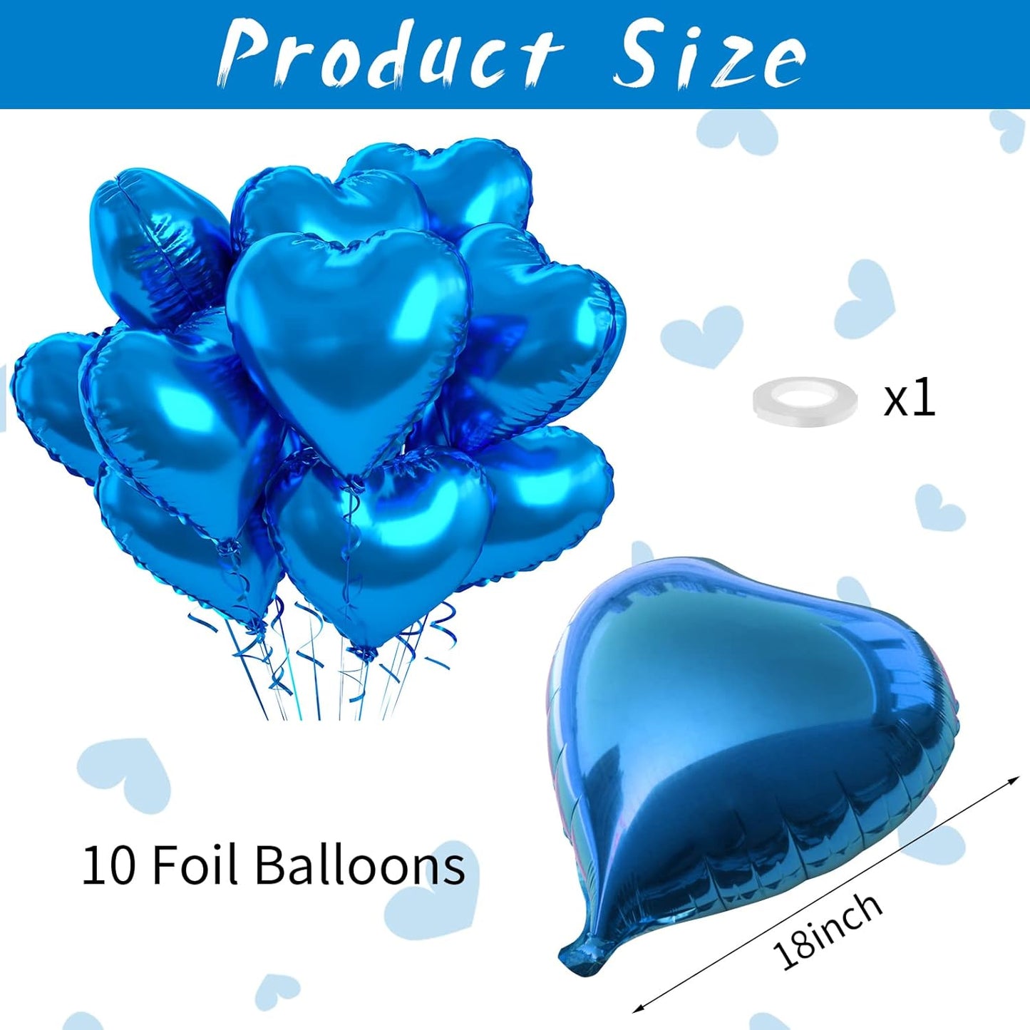 Blue Foil Heart Balloons, 10PCS 18inch Love Shape for Helium Birthday Party Decorations, Boys Men, Baby Shower, Valentines, Wedding, Anniversary