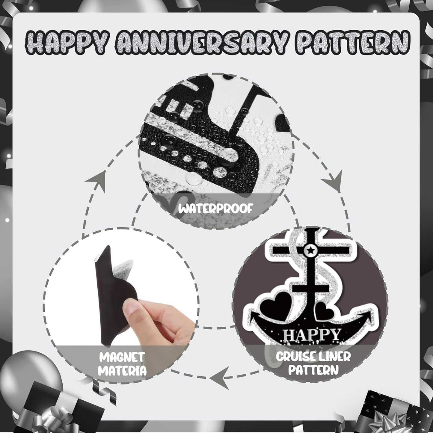 25th Anniversary Cruise Door Magnets Decorations, Black Silver Happy 25th Anniversary Cruise Ship Door Decor Magnetic for Married in 2000 Men Women Wedding Party Refrigerator Fridge Car Kitchen Garage