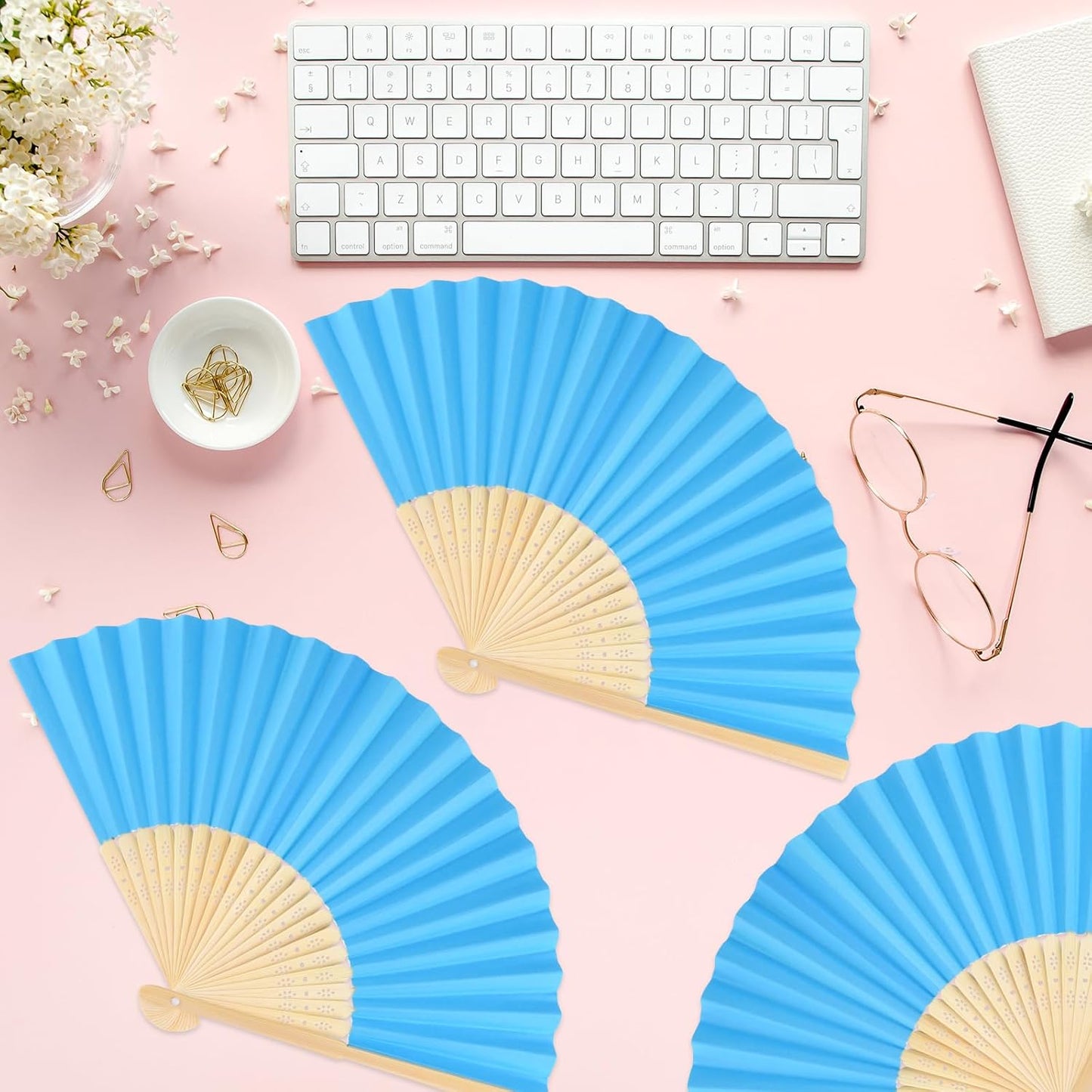 6 Pieces Blue Hand Held Bamboo Folding Fans Foldable Paper Fans Handheld for Women Girls Wedding DIY Decoration Church Home Party Favors Summer