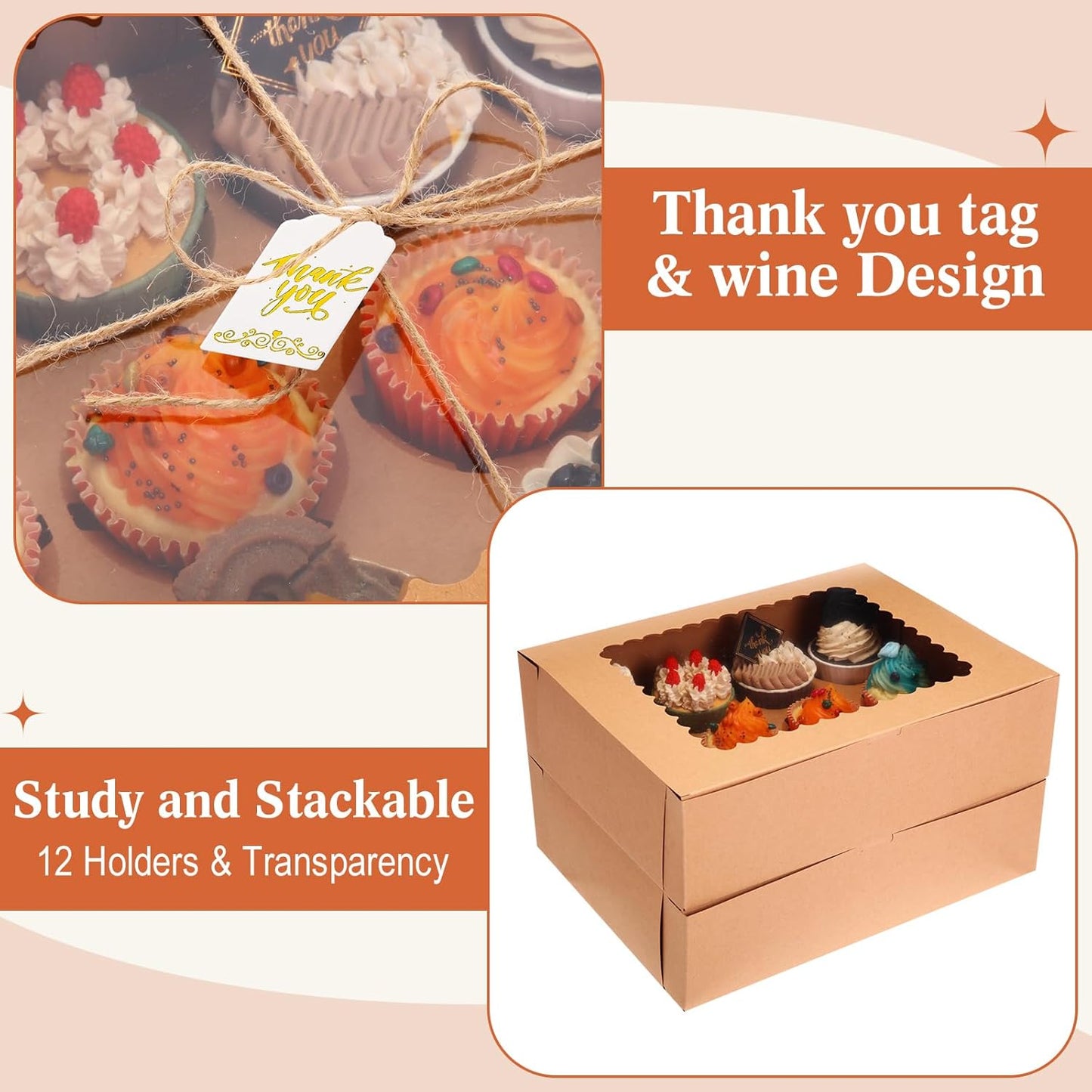 36 Pack Cupcake Boxes Hold 12 Standard Disposable Cupcake Containers with Window and Insert Cupcake Carrier with Thanks Card and Jute Rope to Muffins Cupcakes Cookies Gift Wrapping (Nature)