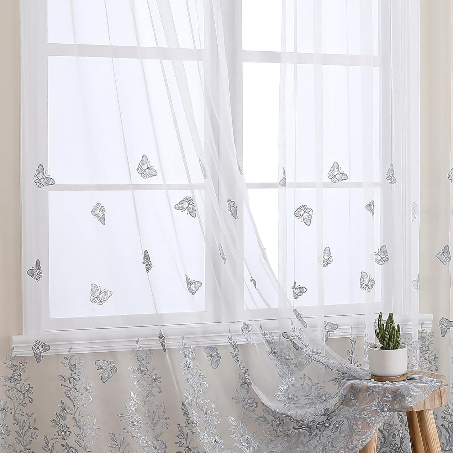 VISIONTEX White Sheer Voile Curtains, Decorative Blue Embossed Butterflies Rod Pocket Window Drapes for Home Kitchen, Living Room and Bedroom 54 x 72 Inch, Set of 2 Curtain Panels
