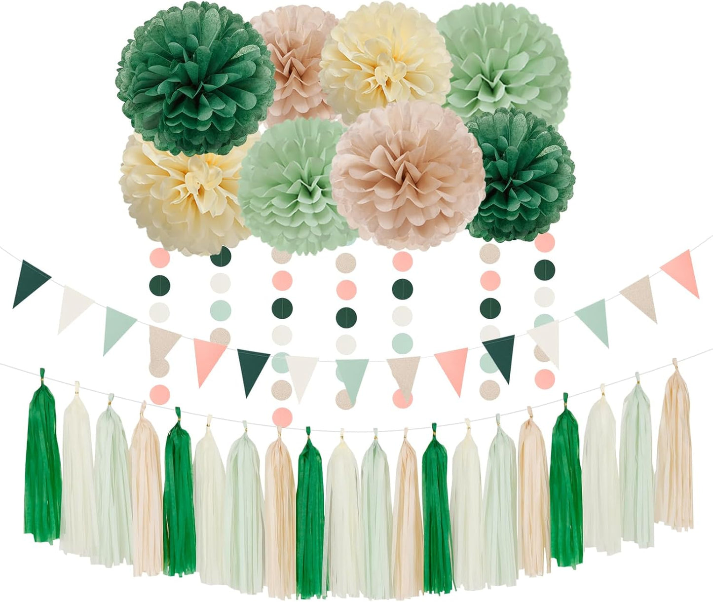 Olive-Sage Green Champagne-Gold Party Decorations - 23pcs Rustic Wedding Tissue Pom Poms Streamers, Boho Bachelorette Neutral Baby Shower Birthday Bridal Decor Ouruola