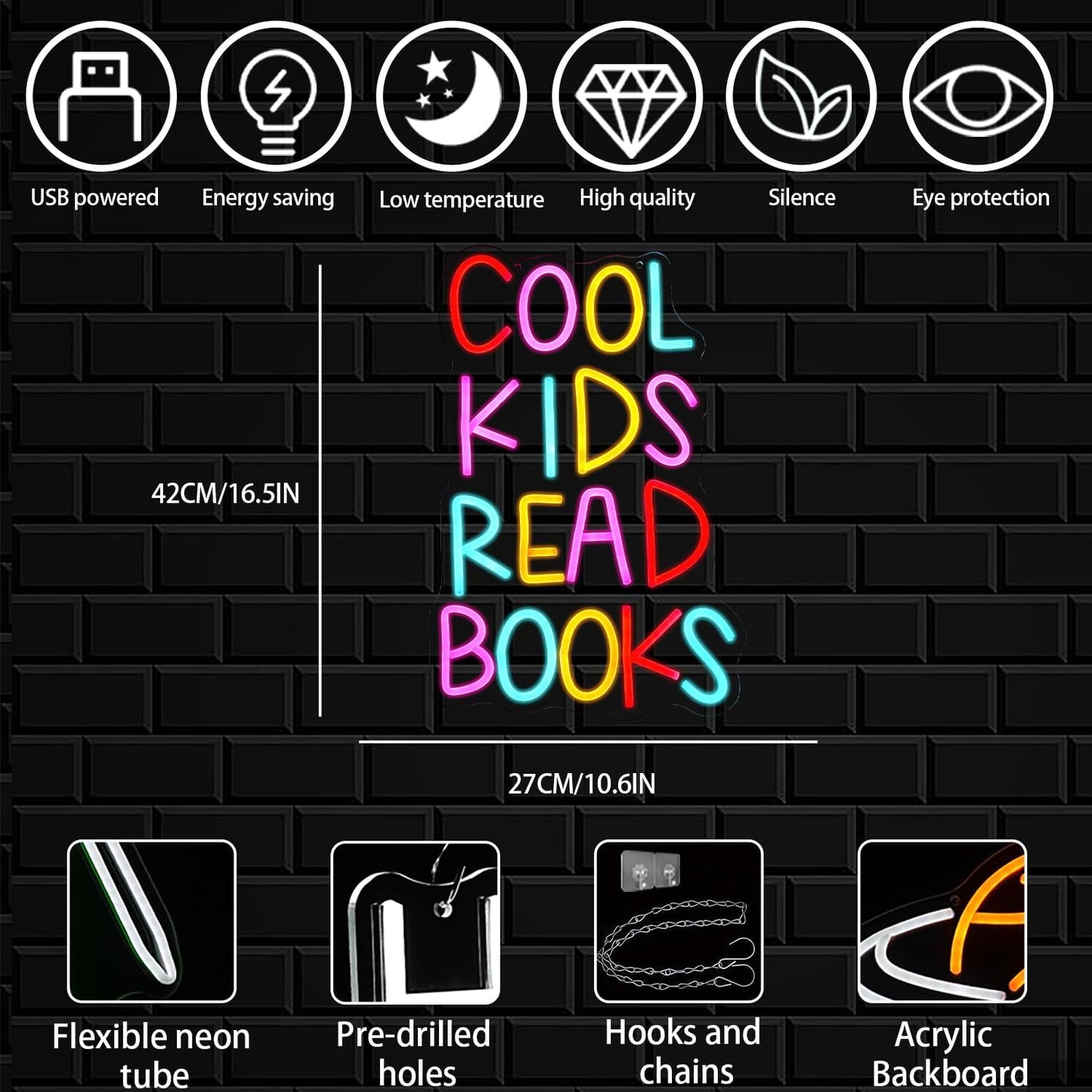 Cool Kids Read Books Neon Sign for Wall Decor, Reading Books Neon Light, Classroom Letter LED Light Up Sign for Library Classroom Reading Corner Bedroom Decor