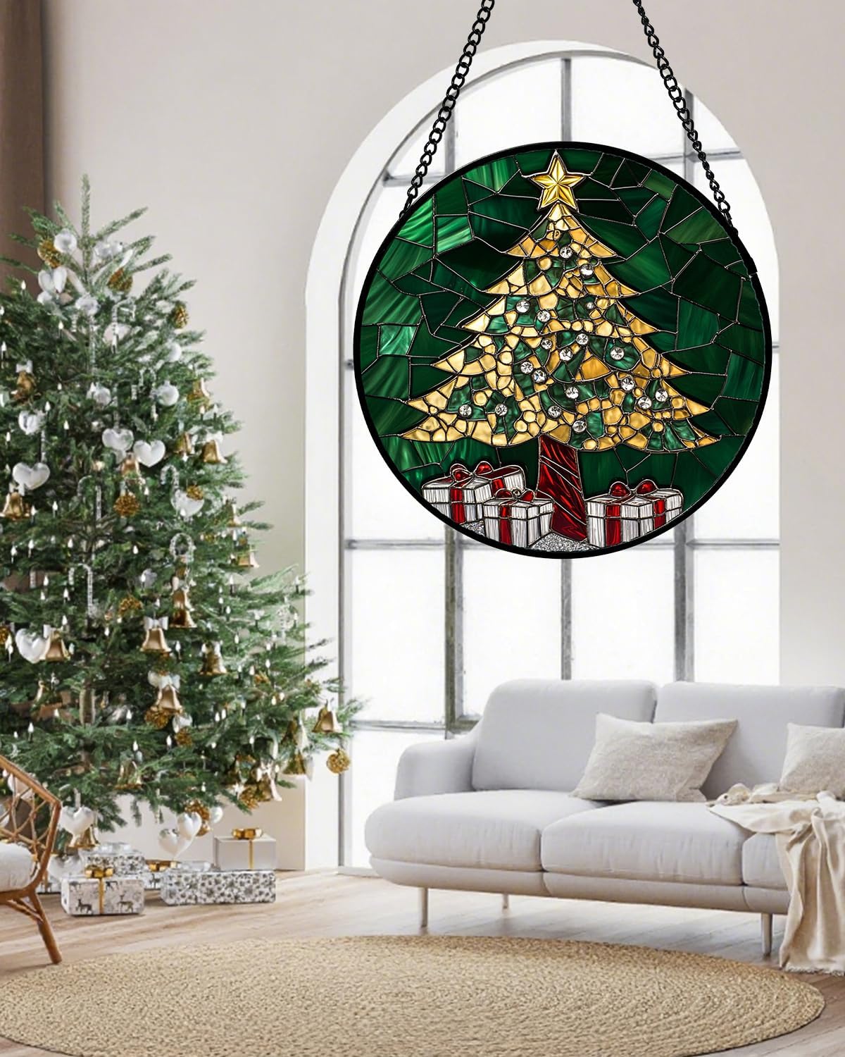Stained Glass Window Hanging - Gold Green Christmas Tree Suncatcher for Doors Home Christmas Decoration Winter Sun Catcher Thanksgiving New Year Birthday Gifts for Women Men Mom Nana 7.8 in
