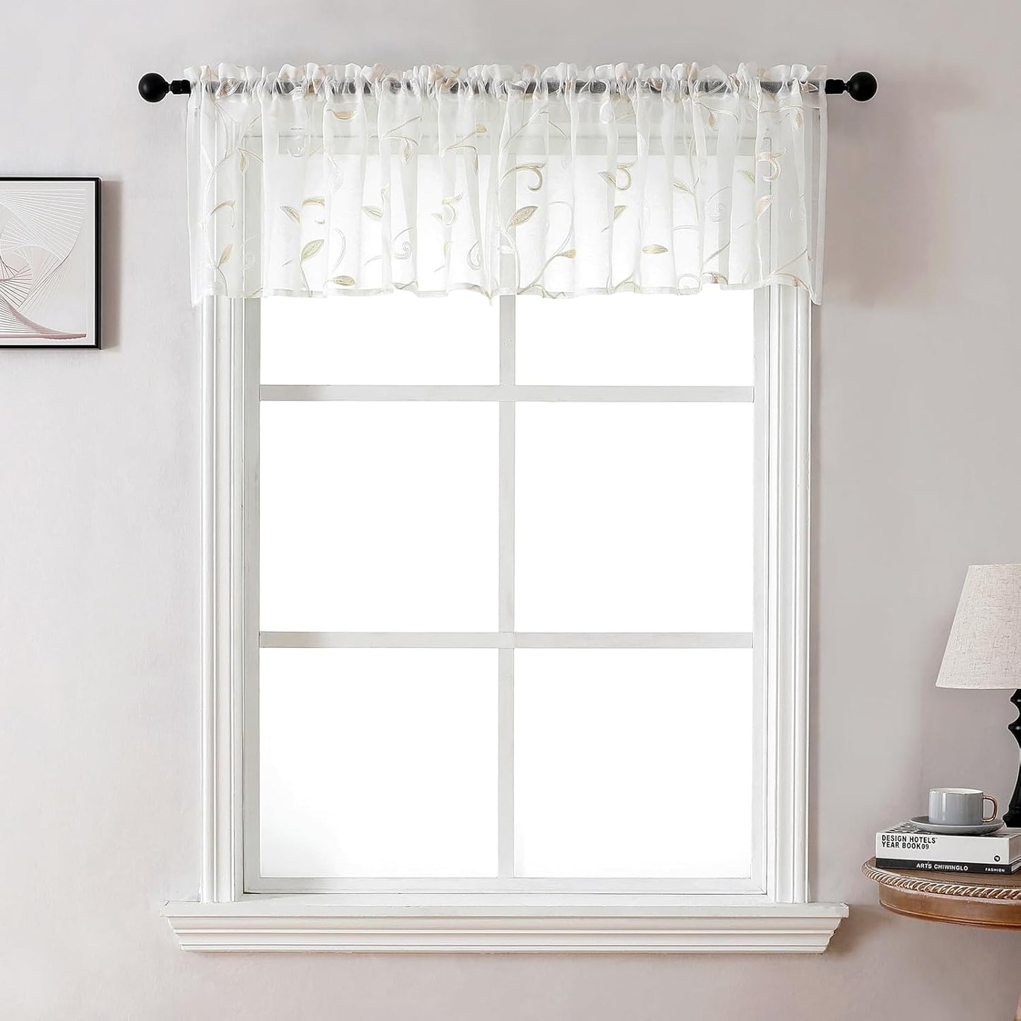 VISIONTEX Sheer Voile Curtain Valances, Decorative Leaves Embroidered, Rod Pocket Window Treatment for Kitchen/Rustic Bedroom/Living Room (54 x 16 Inch,1 Panel)