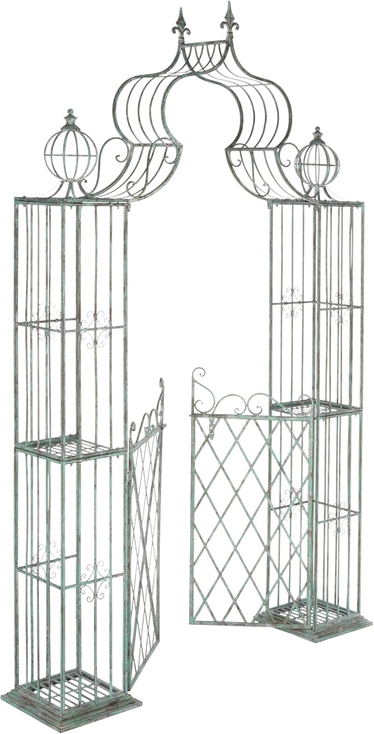 SAFAVIEH Outdoor Collection Beatrix Victorian Antique Dark Green Wrought Iron Trellis Garden Arch Arbor