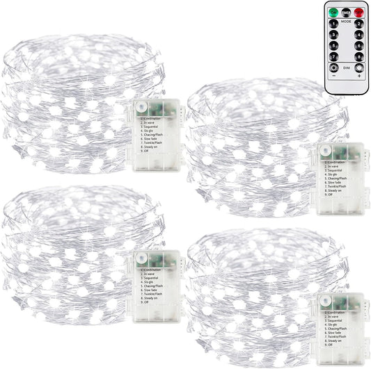 4Pack 80Ft 240LED Fairy Lights Battery Operated with Remote, Waterproof String Lights with Timer for Indoor & Outdoor, Twinkle Lights Battery Powered for Bedroom Christmas Decorations (Cool White)