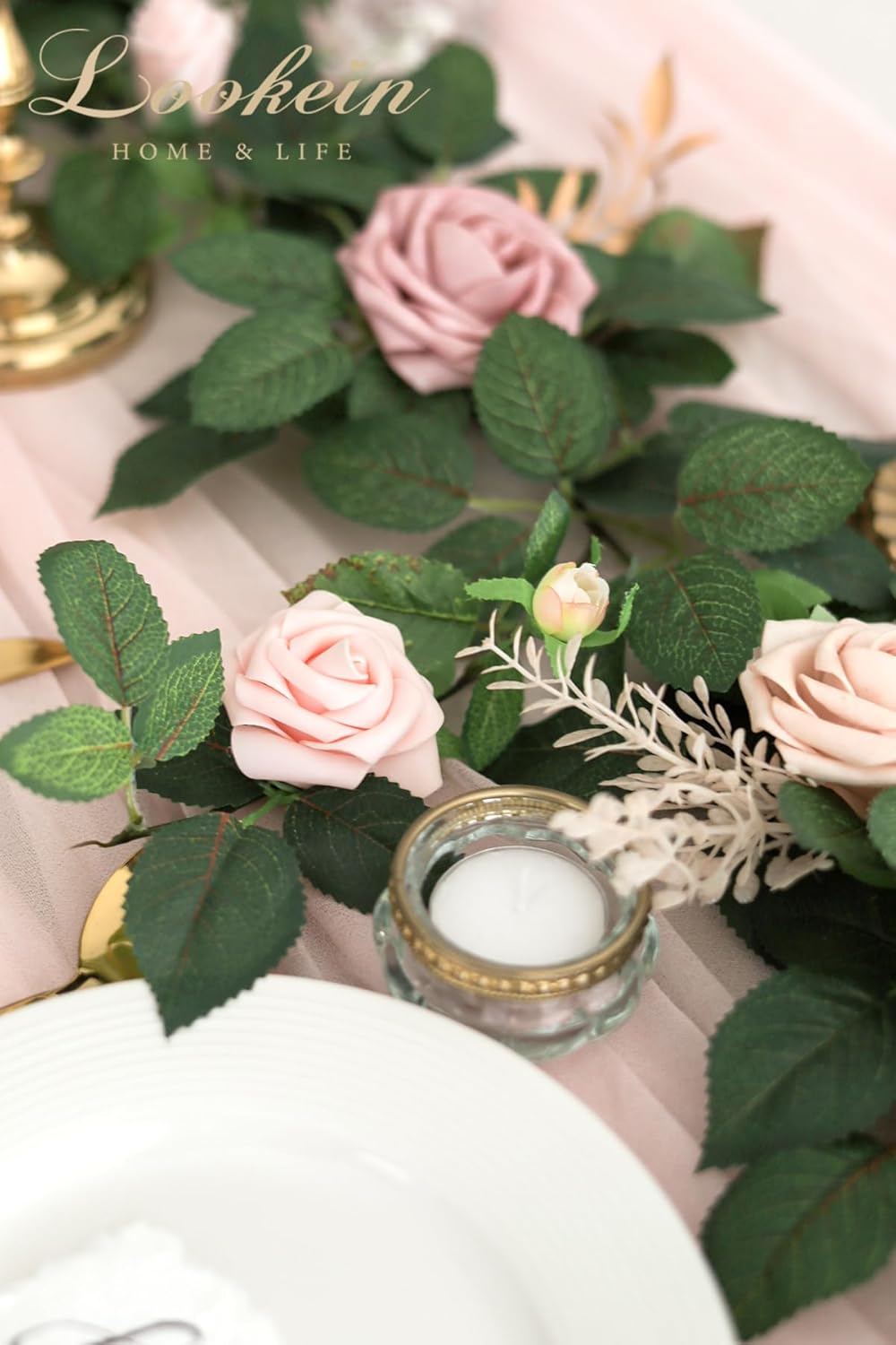 Lookein Artificial Rose Flower Garland Greenery Garland 5FT for Wedding Ceremony Backdrop Arch Flowers Table Centerpieces Decorations, Romantic Blush