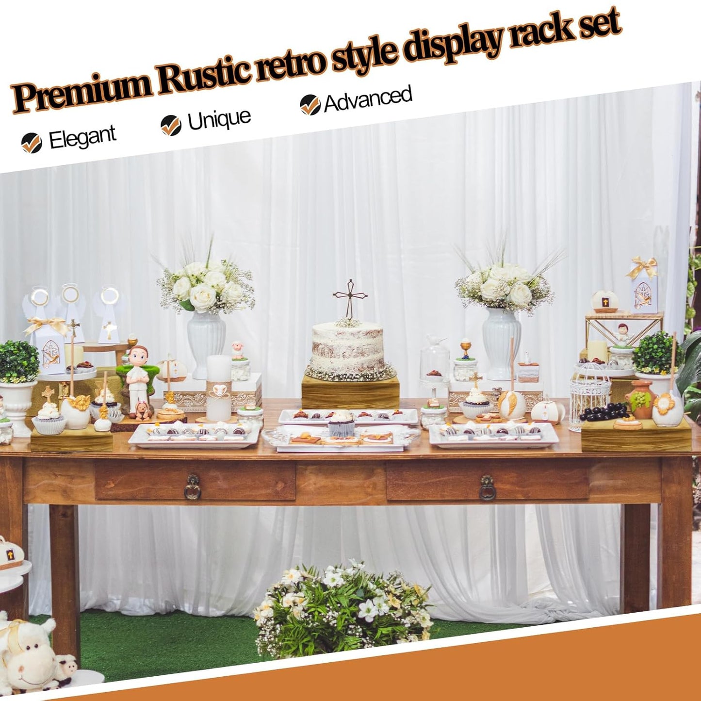 Roowest Set of 4 Wood Display Risers Rustic Cupcake Stand Rustic Wood Cake Stands Wooden Stackable Display Box for Dessert Wedding Birthday Christmas Village Party Decoration(Rustic Brown)