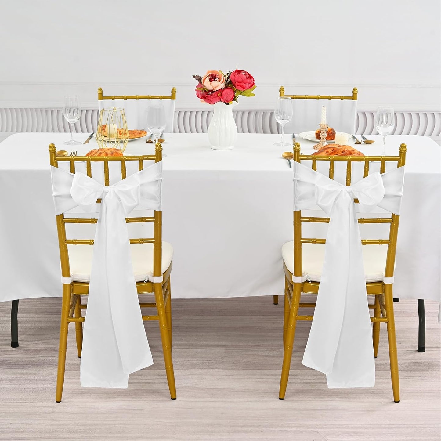 fani 60 PCS White Satin Chair Sashes Bows Universal Chair Cover for Wedding Reception Restaurant Event Decoration Banquet,Party,Hotel Event Decorations (7 x 108 inch)