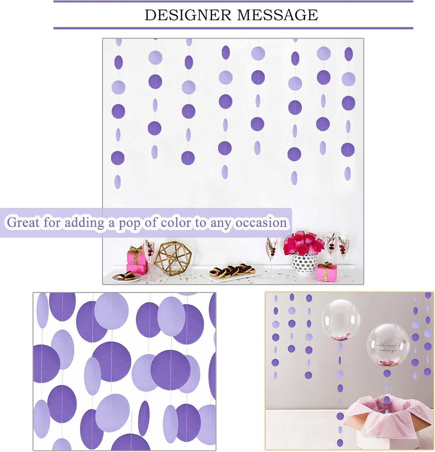 MerryNine Paper Garland 5 Pack, 50ft Glitter Paper Garland Circle Dots Hanging Decor, Banner for Baby Shower, Birthday, Nursery Party Decor (Purple)