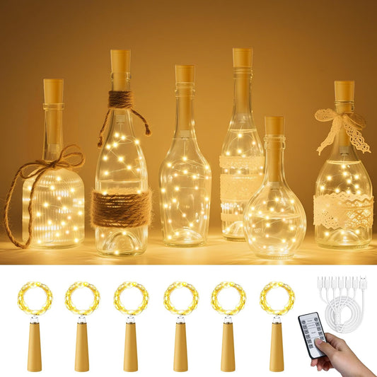 PChero USB Rechargeable Wine Bottle Lights with Cork & Remote Timer, 6 Pack 20 LED 6.6 ft Fairy String Lights for DIY Party Wedding Christmas Halloween Festival Bar Decoration