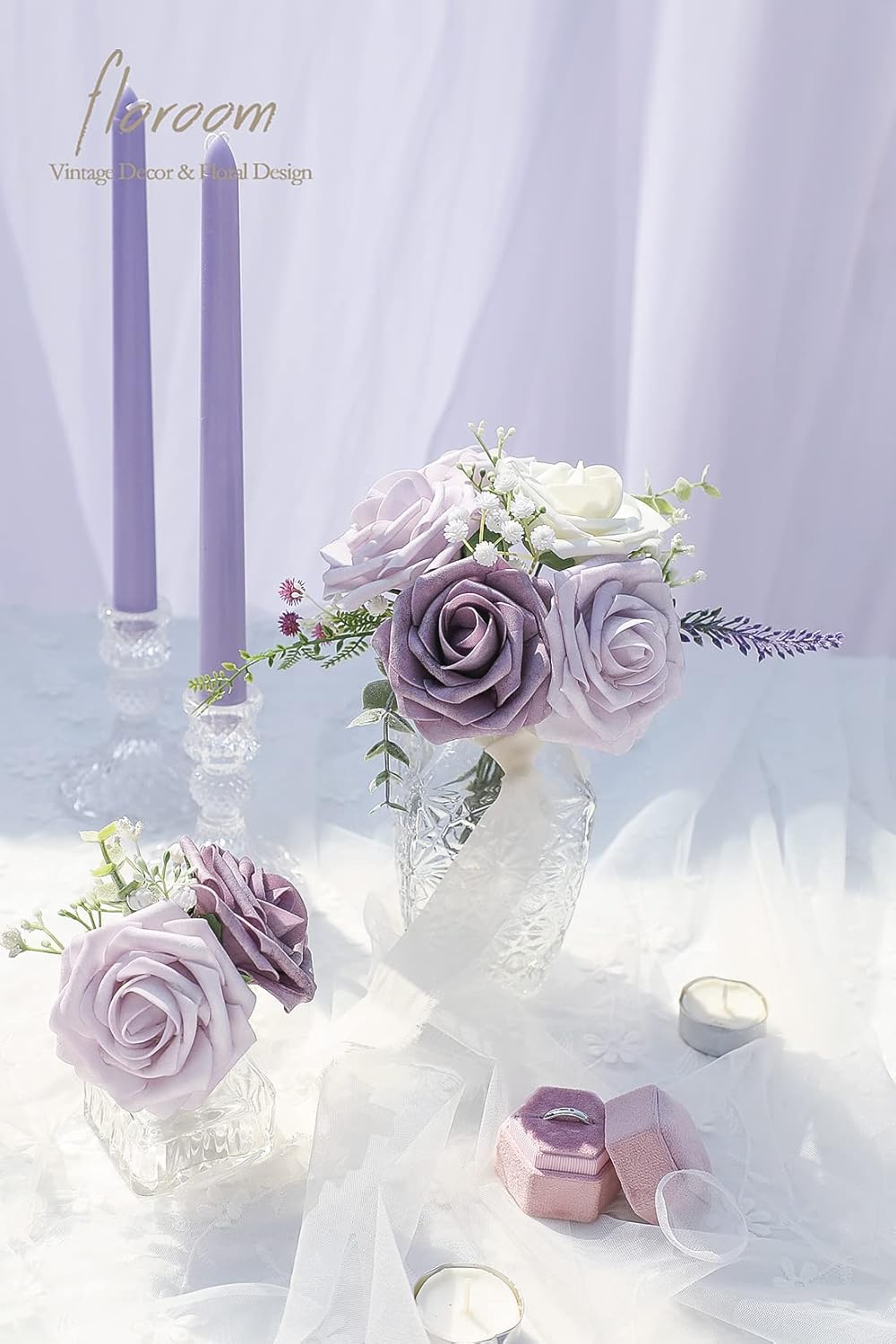 Floroom Artificial Flowers 25pcs Real Looking Lavender African Violet Purple Foam Fake Roses with Stems for DIY Wedding Bouquets Bridal Shower Centerpieces Floral Arrangements Party Tables Decorations