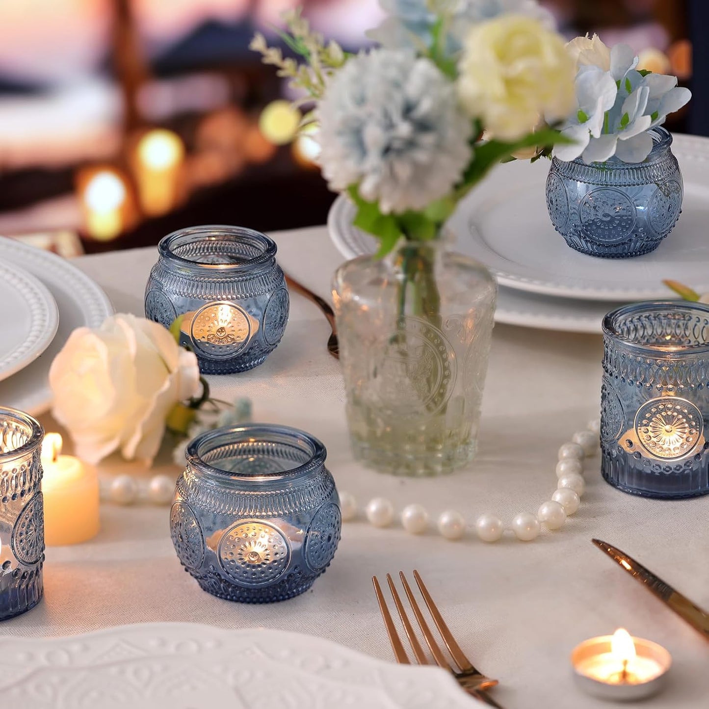 DARJEN Blue Votive Candle Holders Set of 36 - Votive Candle Holders Bulk, Glass Candle Holder for Party Decoration, Tea Lights Candle Holders for Wedding