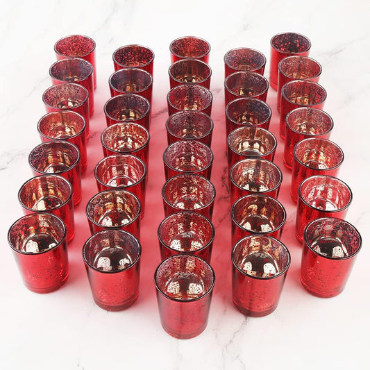 Red Mercury Glass Tea Light Holders Set of 36 - Elegant Votive Candle Holders for Weddings, Showers and Home Decor - Perfect for Table Centerpieces and Parties (Glass, Red)