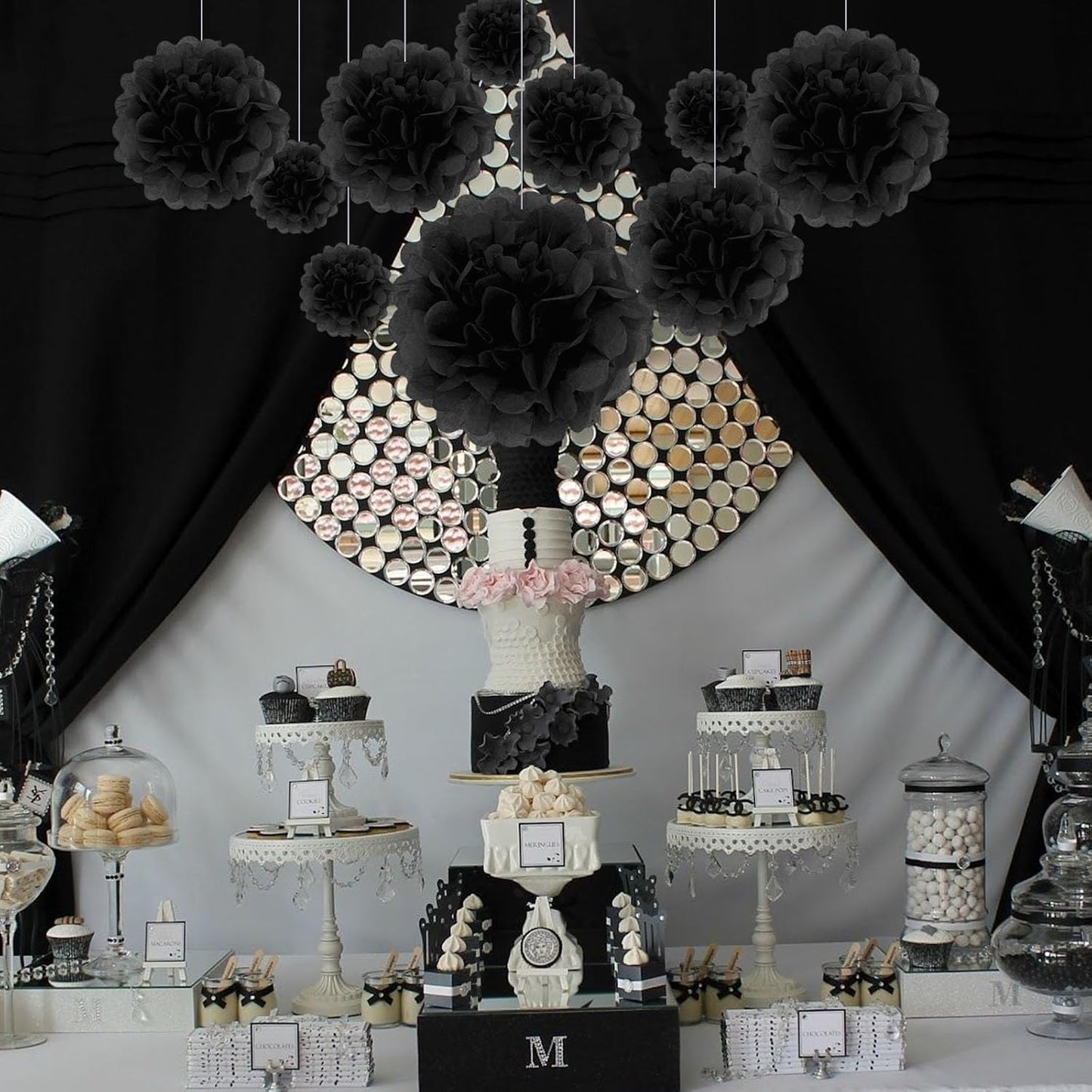 Tissue Paper Pom Poms, Black Tissue Paper Flowers, Hanging Flower Balls for Weddings Fiesta Parties Birthday Baby Showers Classroom Bridal Shower Decoration (20Piece Set-6/10/12/14Inch)