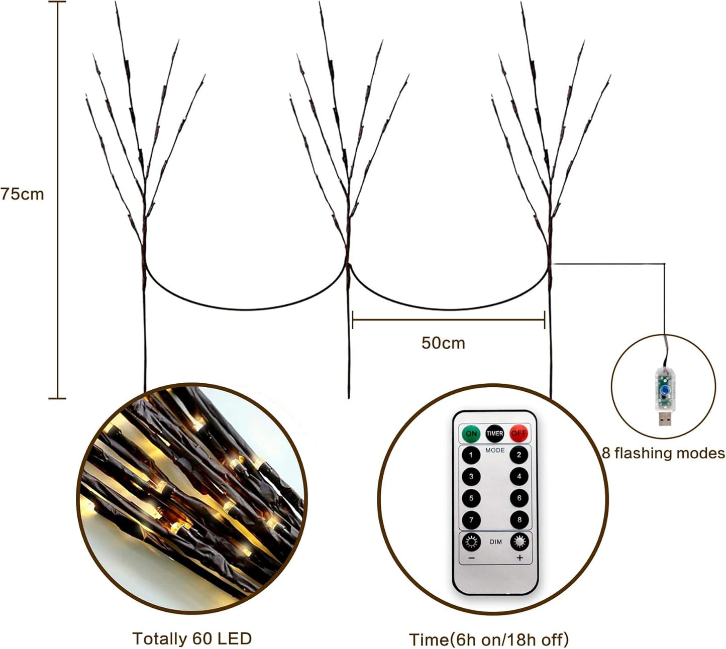 MENCH Branch Lights,3 Pcs Twig Light USB&Battery Powered 8 Flashing Modes by Remote Control.Branch Lights for Indoor and Outdoor, Light Up Decorations for Halloween Day and Christmas,Warm White