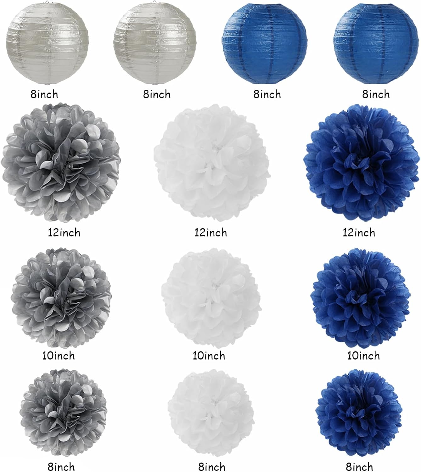 Navy-Blue White Silver Party-Decorations - 20pcs Graduation Paper Lanterns Fans,Tissue Pom Poms,Honeycomb Balls,Bunting,Birthday Bridal Bachelorette Christmas Baby Shower Wedding Decor Burgleda