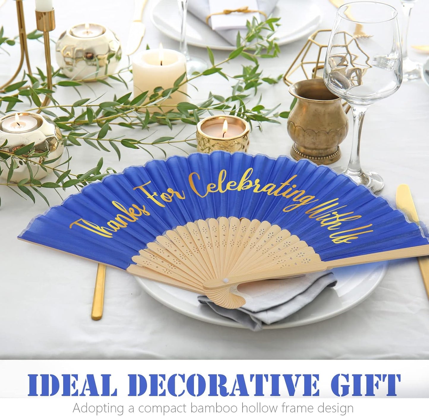 Jetec 50 Pcs Wedding Fans for Guests Bulk Silk Hand Fans Handheld Folded Thank You for Celebrating with Us Wedding Favors for Bridal Bridesmaid Baby Shower Dancing Party Church Gift(Royal Blue)