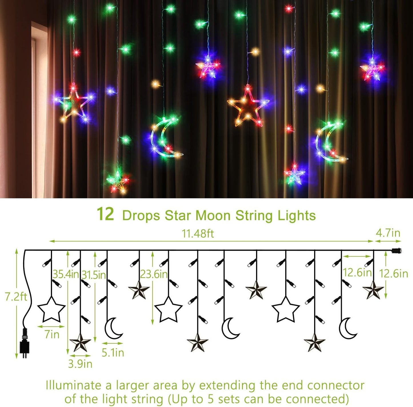 PUHONG Christmas String Lights, 138 LEDs Curtain Lights with 8 Light Modes, 11.48FT Star Moon Indoor Outdoor Fairy String for Window, Bedroom, Wall, Home, Ramadan, Christmas Decoration - Multicolored
