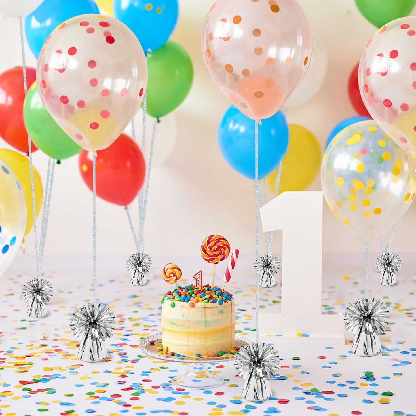 24 PCS Balloon Weights Metallic Anchor, Balloon Holder Heavy Weights with and 1 Roll Iridescent Crimped Ribbon for Balloons Table Party Favor Birthday Decor(Silver)