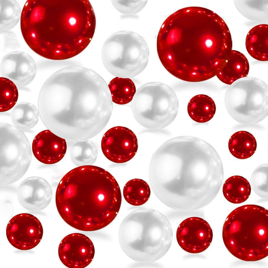 150Pcs Red&White Polished No Hole Pearl Beads Vase Filler, Christmas Vase Filling Decorations, Plastic Pearls, Table Scatters, Wedding Home Decor, 8/14/20 mm