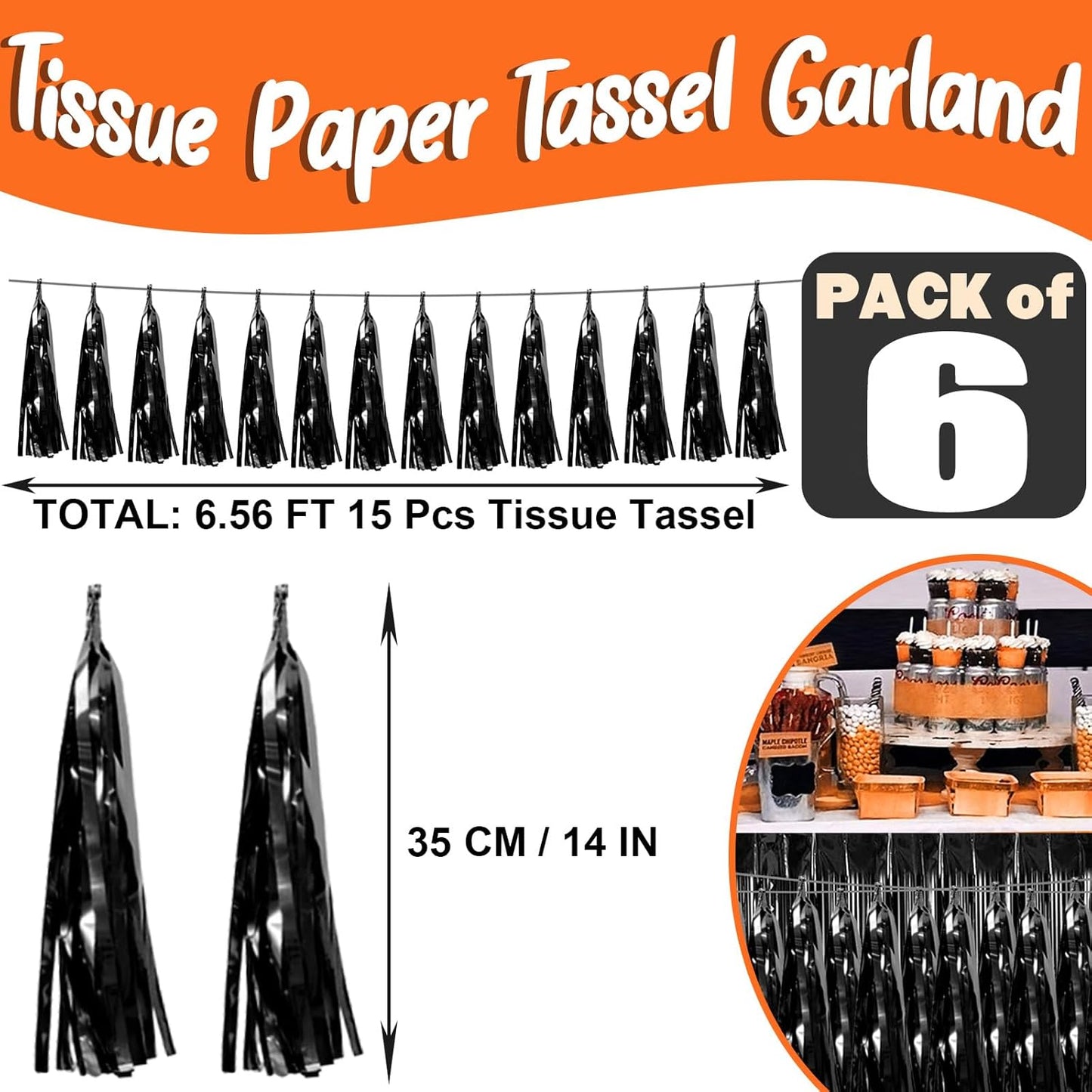 6P Black Foil Fringe Metallic Tassel Streamers Banner Tassel Garland for Parade Floats, Bachelorette, Wedding, Birthday, Graduation, Christmas, Bridal/Baby Shower Party Decorations