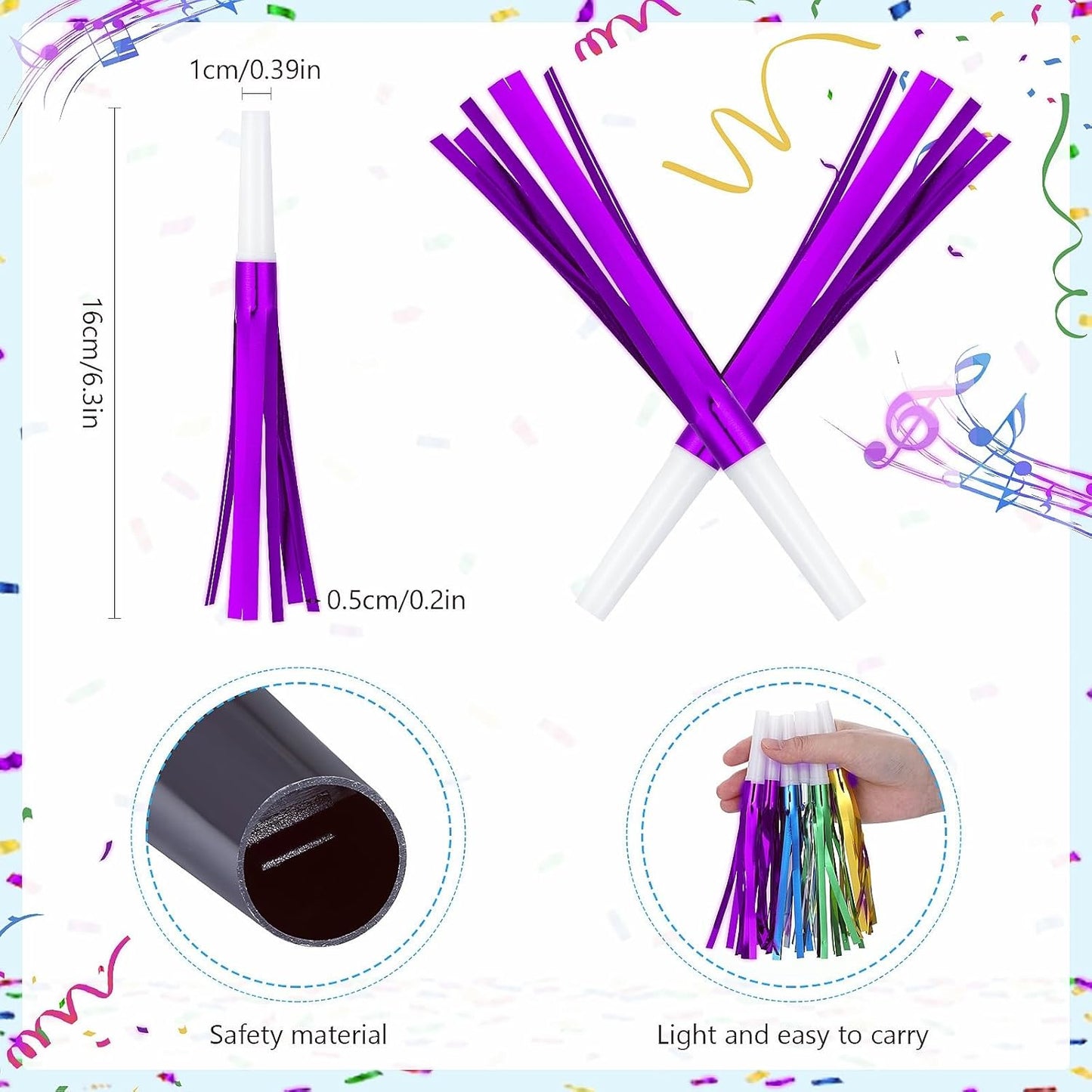 Noise Makers Party Horns, 48 Pack, Purple Metallic Glitter with Fringe, for Birthday, Wedding, New Year