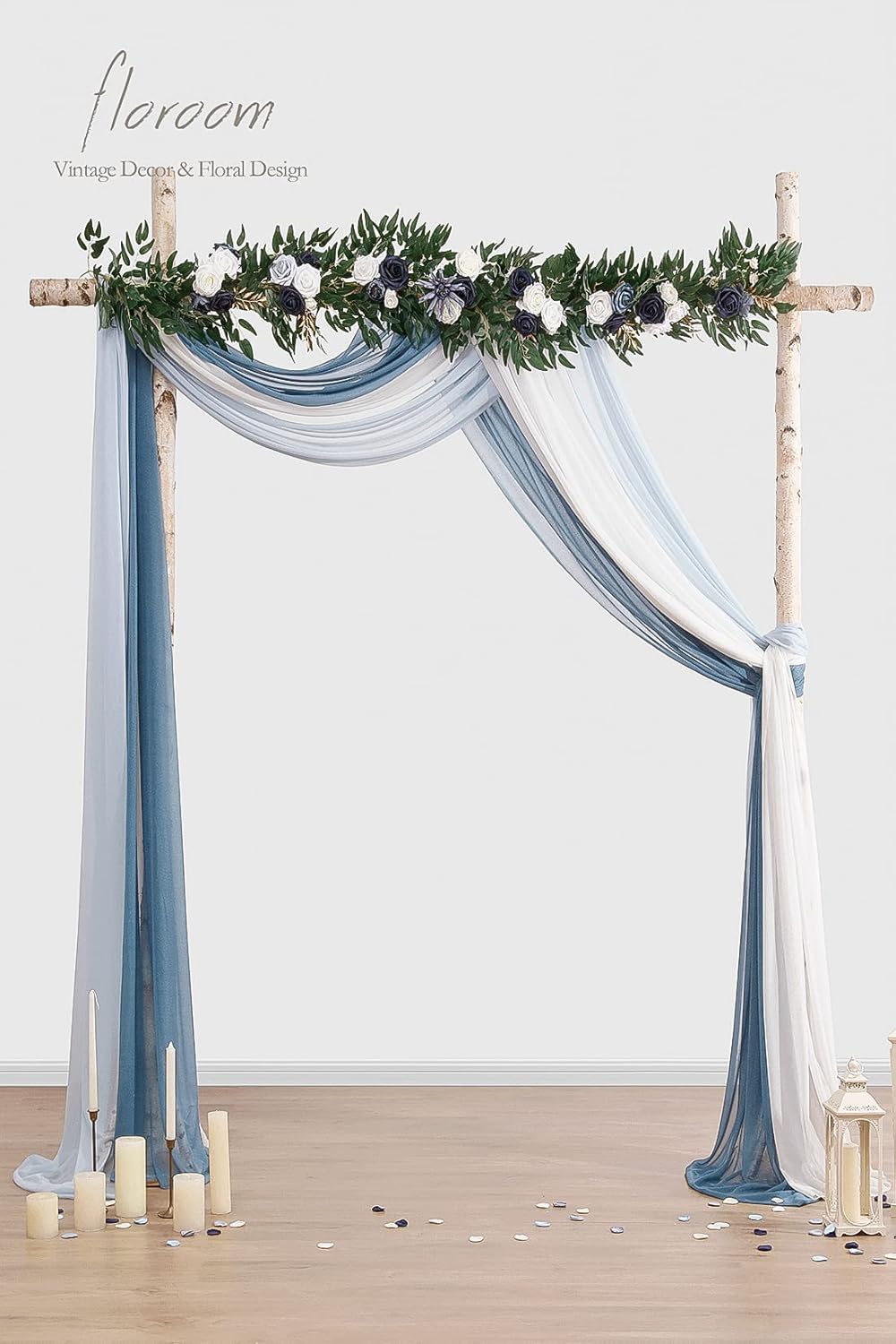 Floroom Wedding Arch Draping Fabric 3 Panels 20Ft Chiffon Fabric Drapes Arbor Drapery Wedding Ceremony Reception Swag Decorations (Dusty Blue +Powder Blue +White)