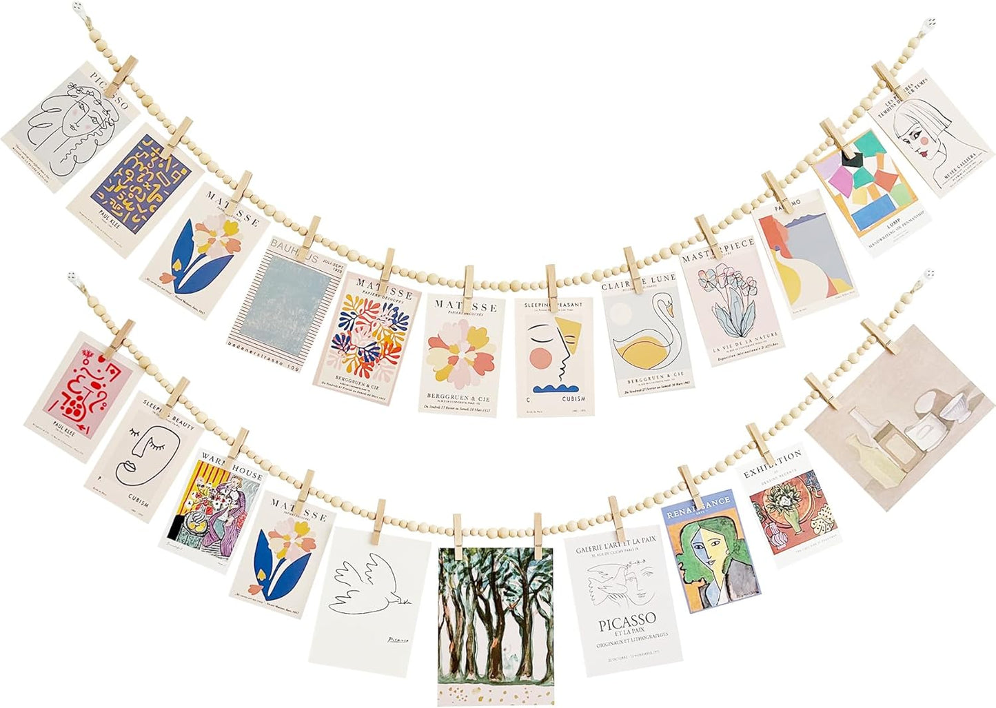 2PCS Hanging Photo Display with Clips, Photo String with 12 Clips, Boho Wooden Bead Garland Collage Picture for Classroom, Bedroom, Office Wall Decor