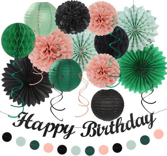 Sage-Green Blush-Pink Black Birthday Party-decorations - 21pcs Girls Woman Happy Banner Garland, Paper Streamers Lanterns,Flower Tissue Pom Poms Fan Supplies,Wall Backdrop Decor Huglony
