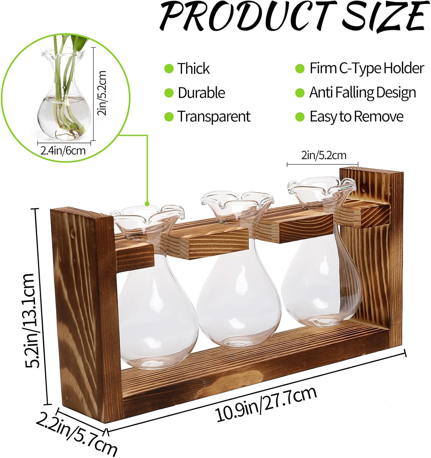 Plant Propagation Station Plant Terrarium Unique Birthday Gifts for Women Home Office Decor Planter with Wooden Stand - 3 Bulb Glass Vase