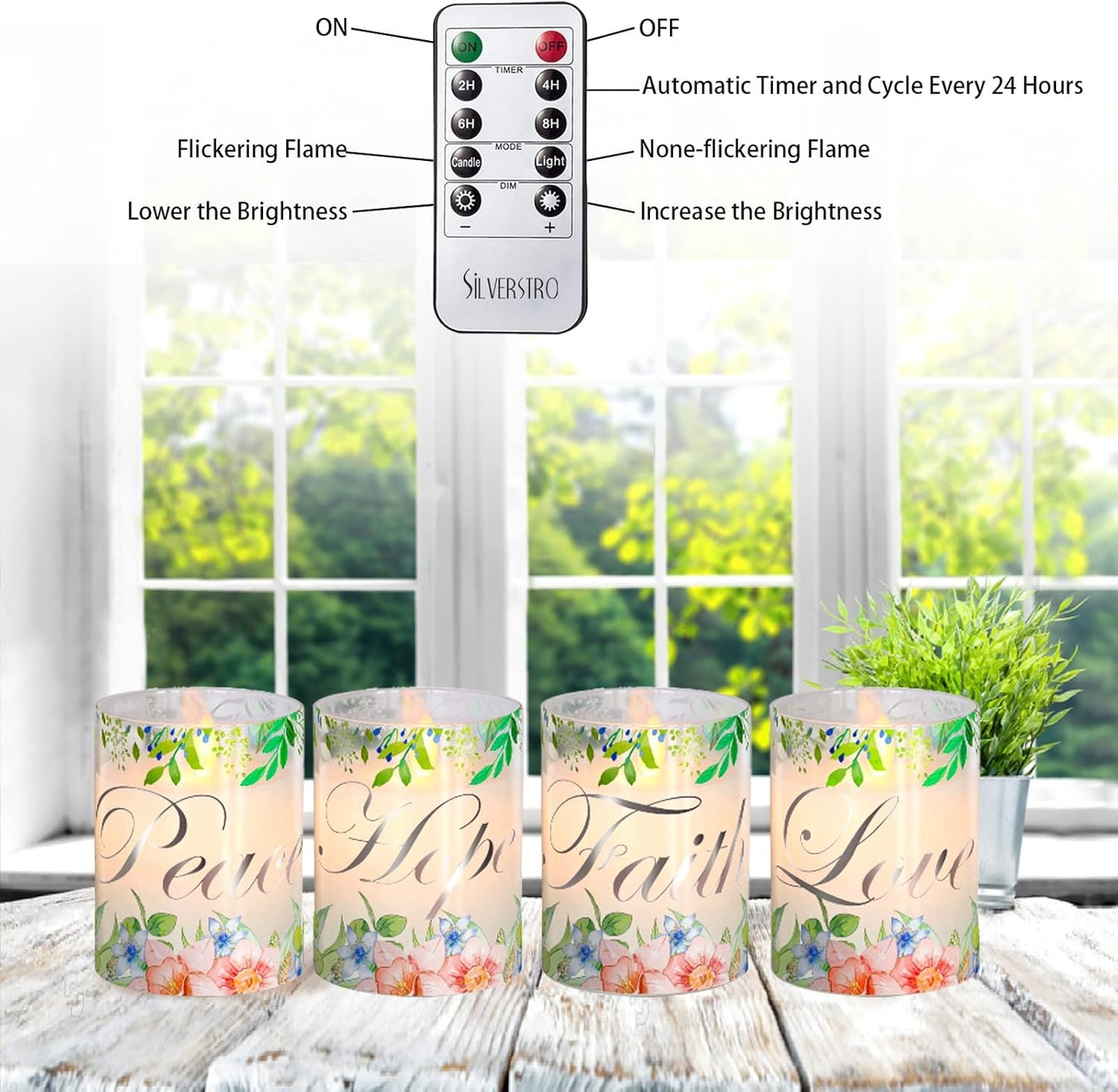 Silverstro Christmas Flameless Candles Glass Flickering Real Wax Floral LED Candles with Remote - Home Party Room Botanical Holiday Decor Set of 4
