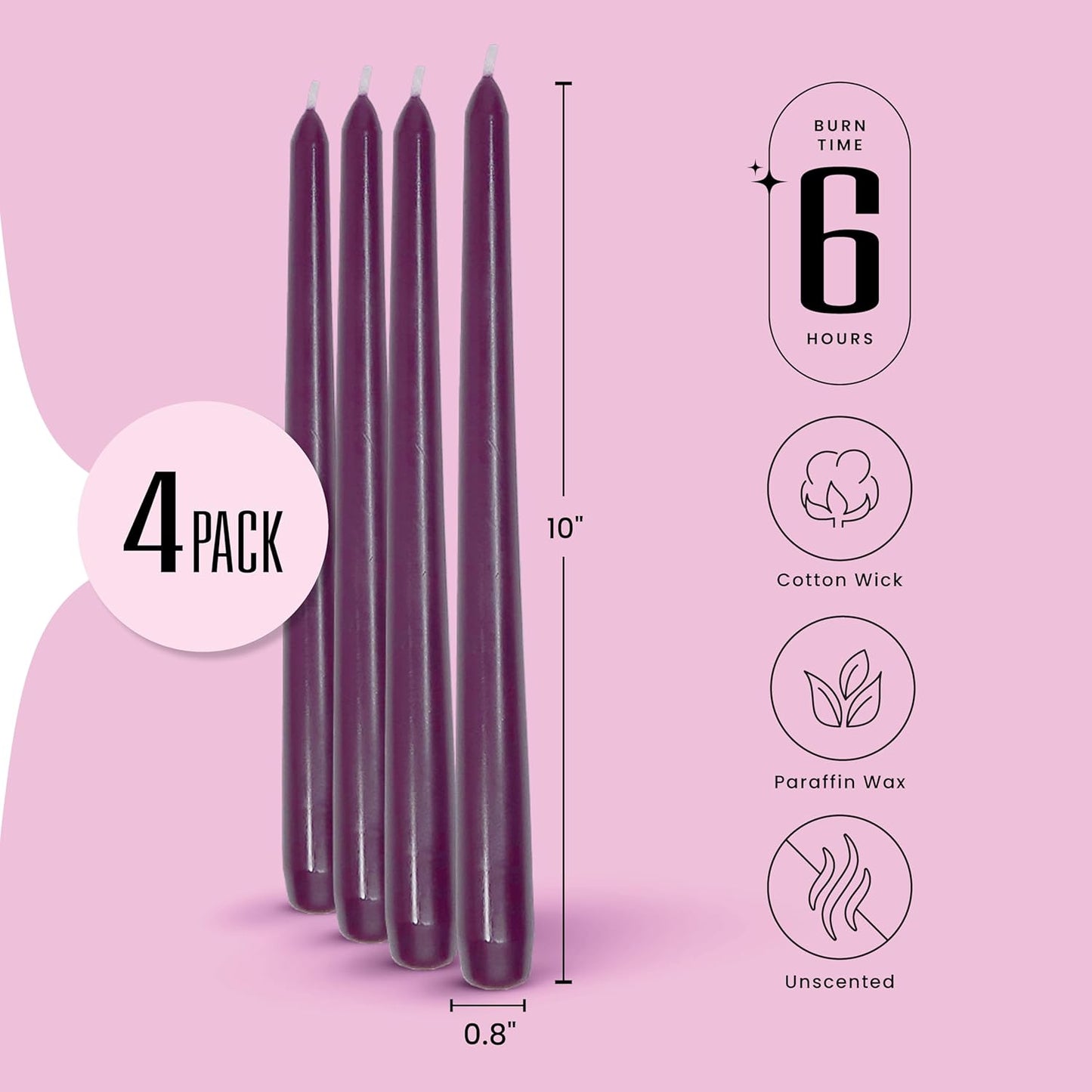 Leor & Lair Purple Taper Candles - 4 Pack 10" Purple Candlesticks - Unscented Long Burning Candle Sticks for Home Decoration, Dinner Table, Holidays, Weddings, Restaurants & Events