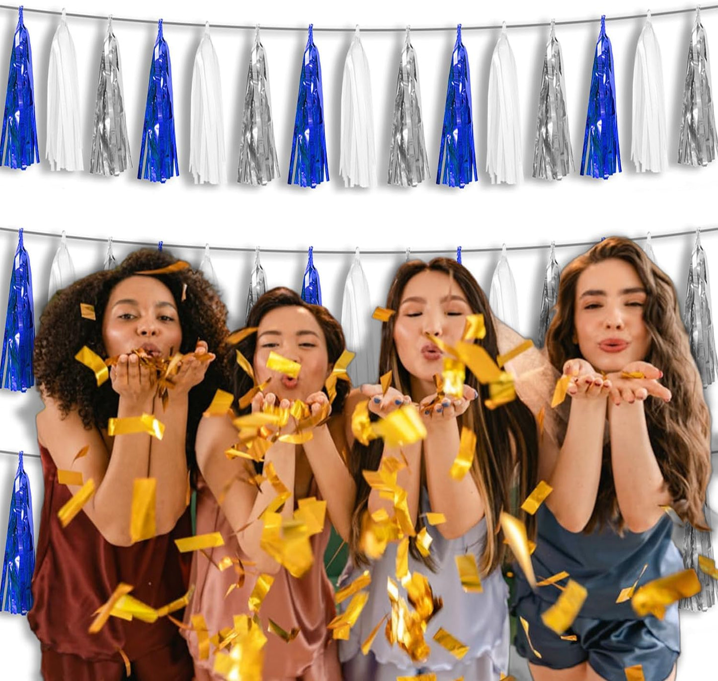 3P Metallic Fringe Tassel Banner Garland Foil Tinsel Streamer Wall Hanging Curtain Backdrop Banner for Parade Floats, Graduation Decorations, Retirement Party Decorations(Navy Blue White Silver)