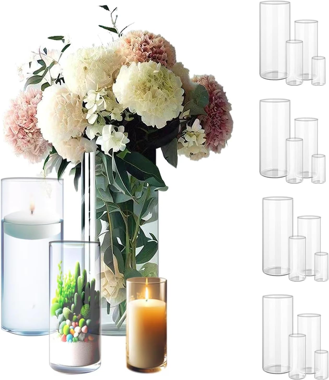 16 Pack Clear Glass Cylinder Vases for Centerpieces - Different Sizes Floating Candle Vases Holder -4", 6", 8",10" Hight Perfect for Weddings and Events