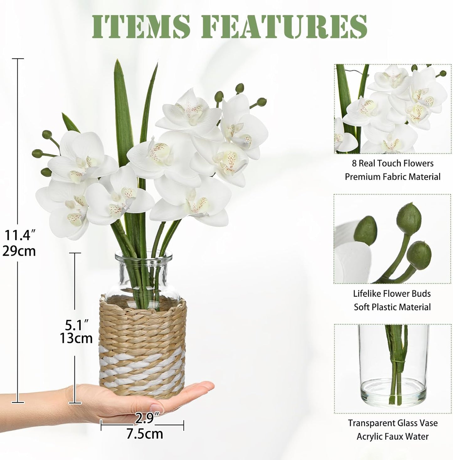 White Orchids Artificial Flowers with Vase, Small Faux Orchid Arrangement Fake Flower in Woven Glass Vase Small White Centerpieces for Kitchen Dining Room Tables Bathroom Nightstand Decor