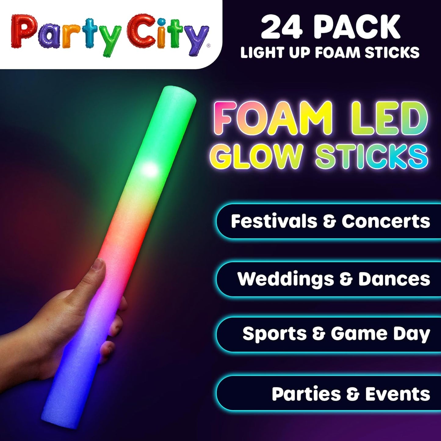 Party City 24pk LED Foam Glow Sticks 14”- Glow in the Dark Party Supplies Favors, Colorful Flashing Wand with 3 Modes, Foam Light Up Sticks Bulk Party Pack for Wedding, Birthday, Concert, Halloween
