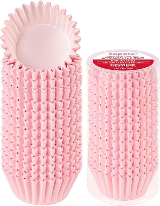 Caperci Grease-Resistant Standard Pink Cupcake Liners 150 Counts - Heavy Duty Paper Muffin Baking Cups, Odorless, No Muffin Pan Needed, Easily Peels (Pink)