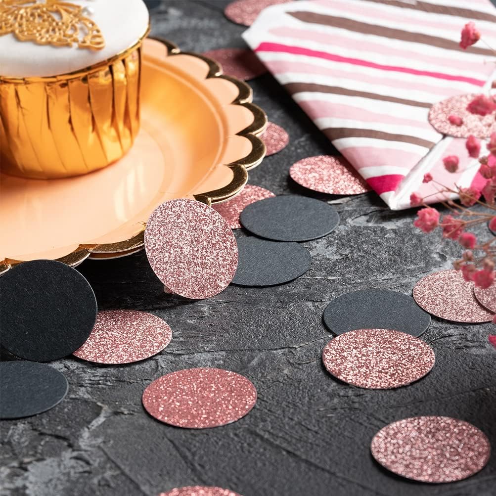 Rose Gold Glitter and Black Confetti Table Decoration for Valentine's Day Bachelor Birthday Engagement Theme Party,1.2 inch in Diameter,200 Counts